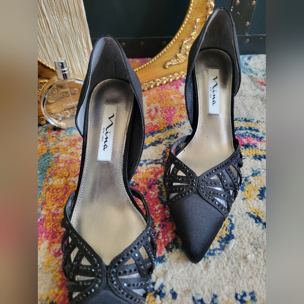 Nina Black Satin d'Orsay Heels with Rhinestone Detailing - Picture 6 of 12